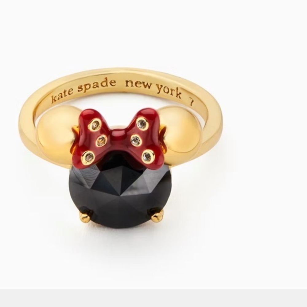 Kate Spade Disney Mini Mouse Gold Ring with Black Gem and Red Bow Size 8